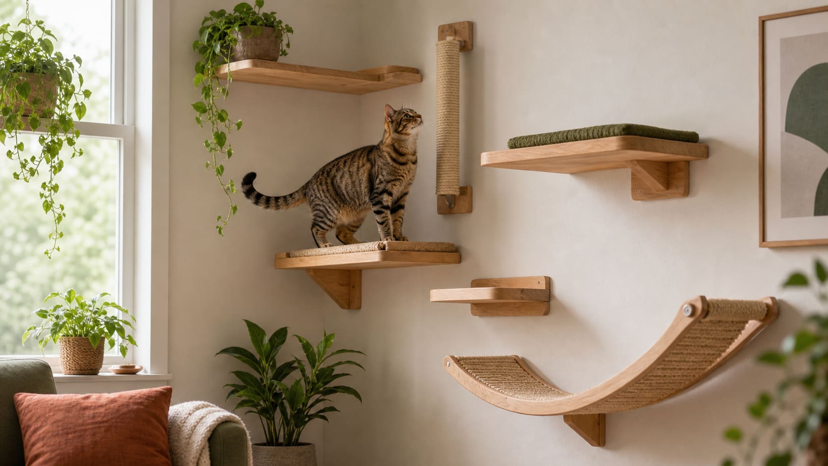 A cat exploring a warm wooden wall shelf route beside a bright window.