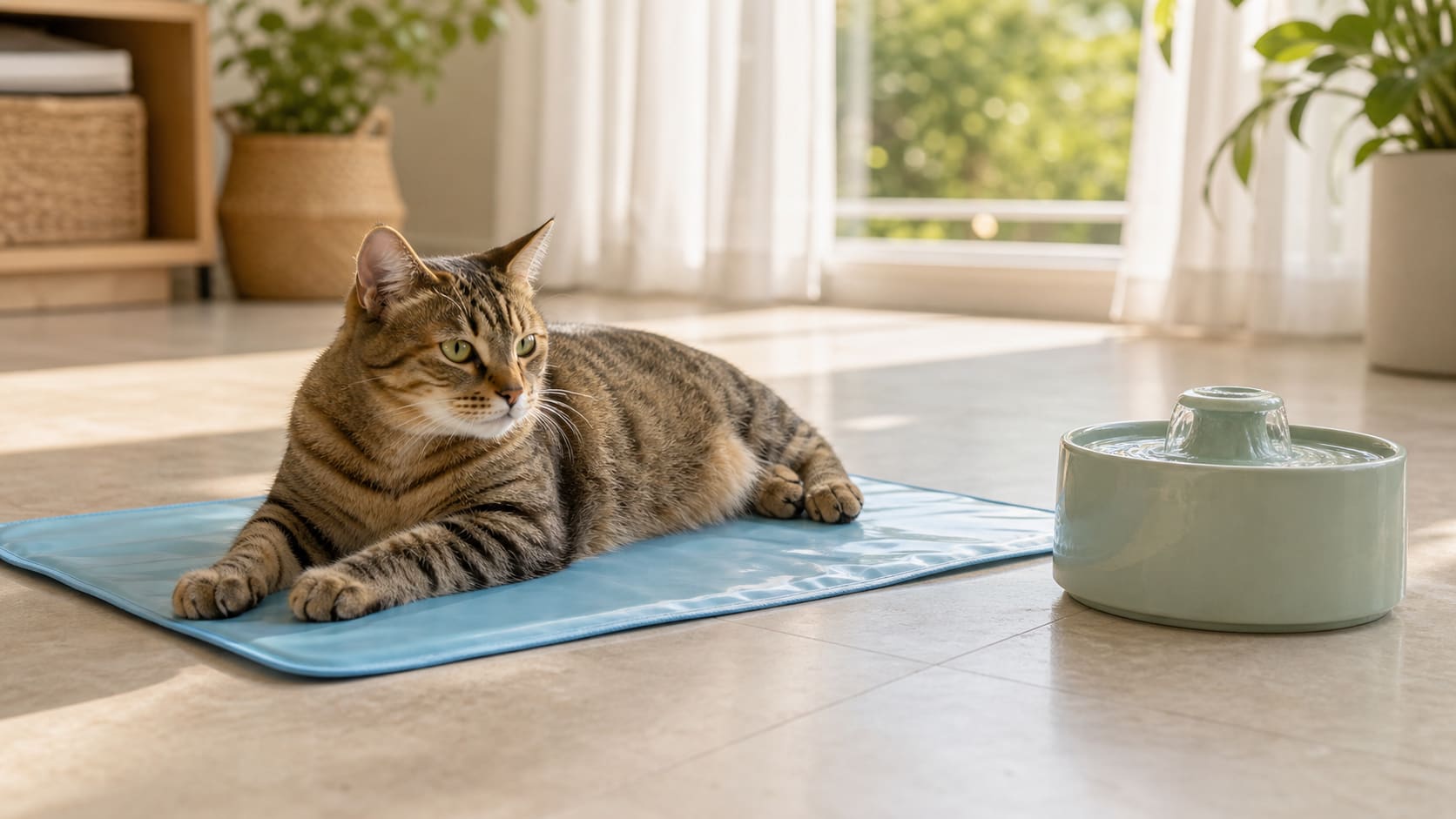 A cat lounging on a gel cooling mat beside a water fountain in a bright summer room.