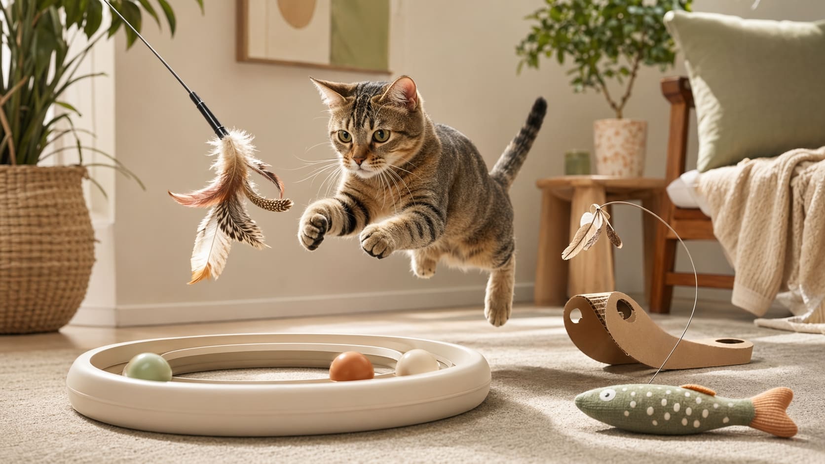A tabby cat stretches toward a feather wand toy on a warm neutral rug beside a sunlit sofa.
