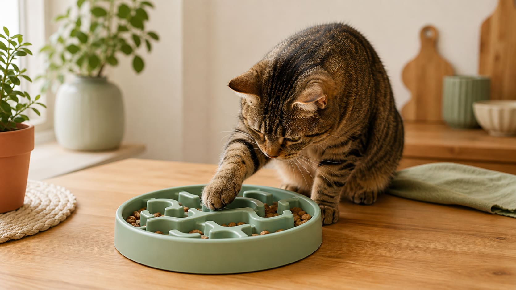 A tabby cat using a green slow feeder on a wooden surface.