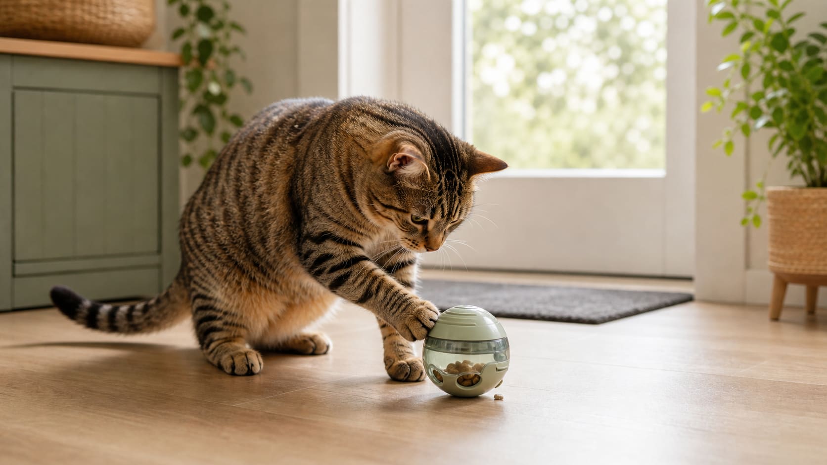 A cat pawing at a treat dispenser toy on a bright floor.