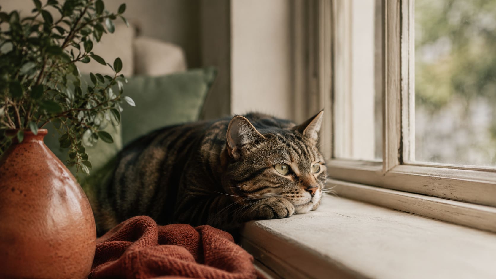 A quiet tabby cat resting on a windowsill, looking subdued in soft daylight.