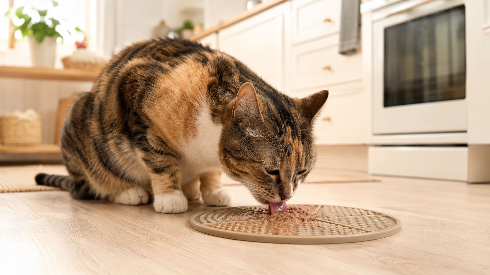 A cat licking wet food from a textured lick mat suctioned to the floor in a bright kitchen.