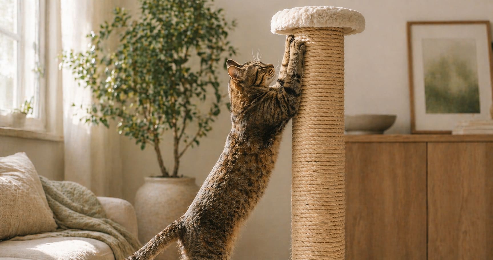 A tabby cat fully extended on a tall sisal scratching post in a warm, neutral living room.