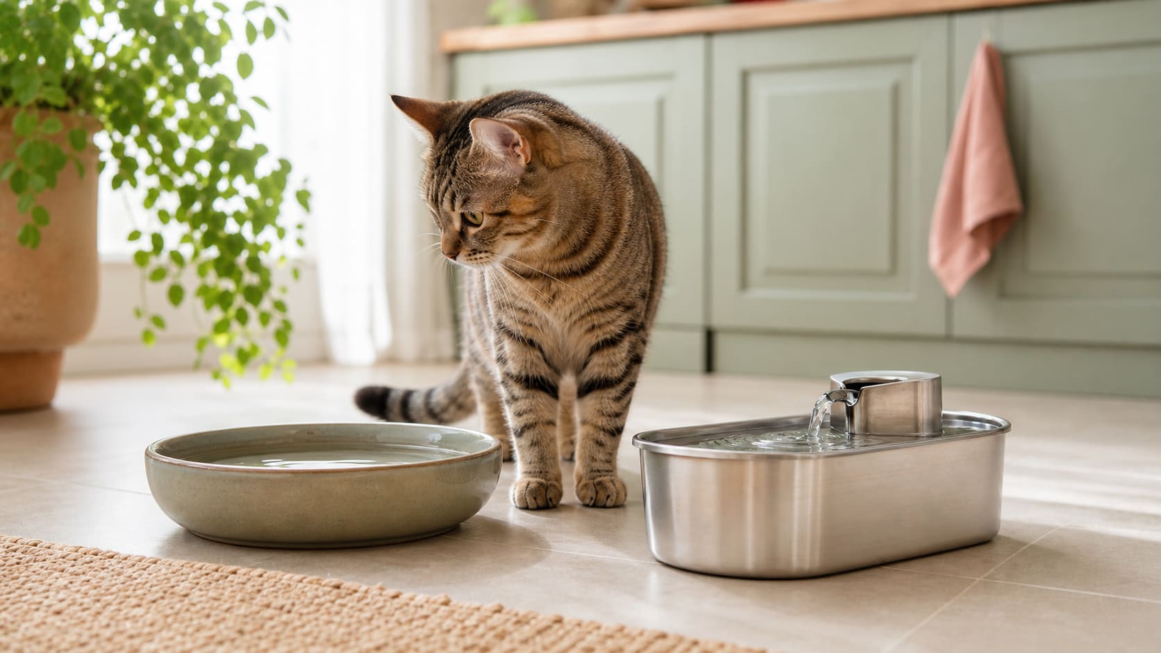 A cat choosing between a clean water bowl and a flowing fountain in a bright summer room.
