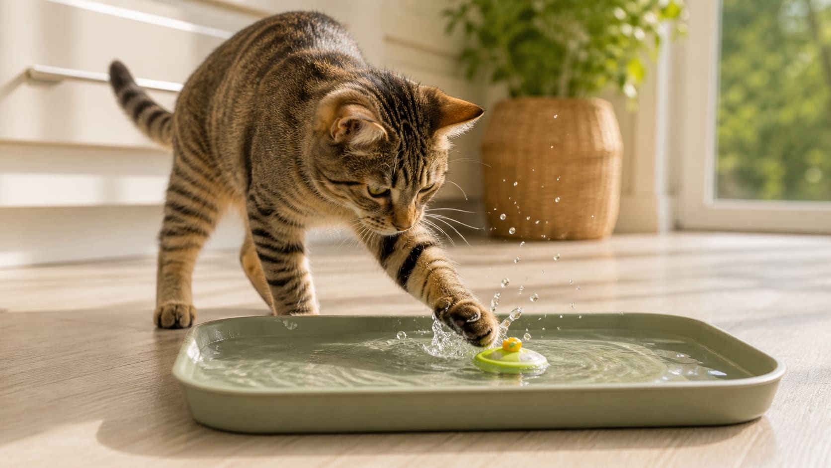 A cat batting at a floating toy in a shallow tray of water on a sunny kitchen floor.