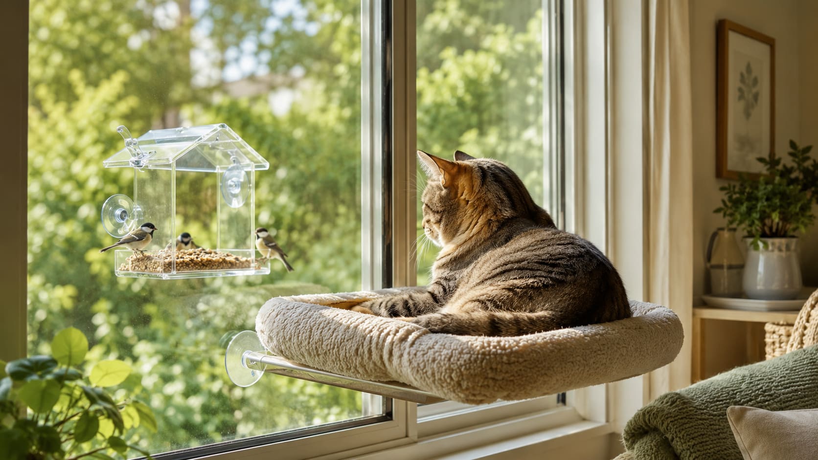 A content cat lounging on a suction-cup window perch, watching birds at a feeder stuck to the glass.