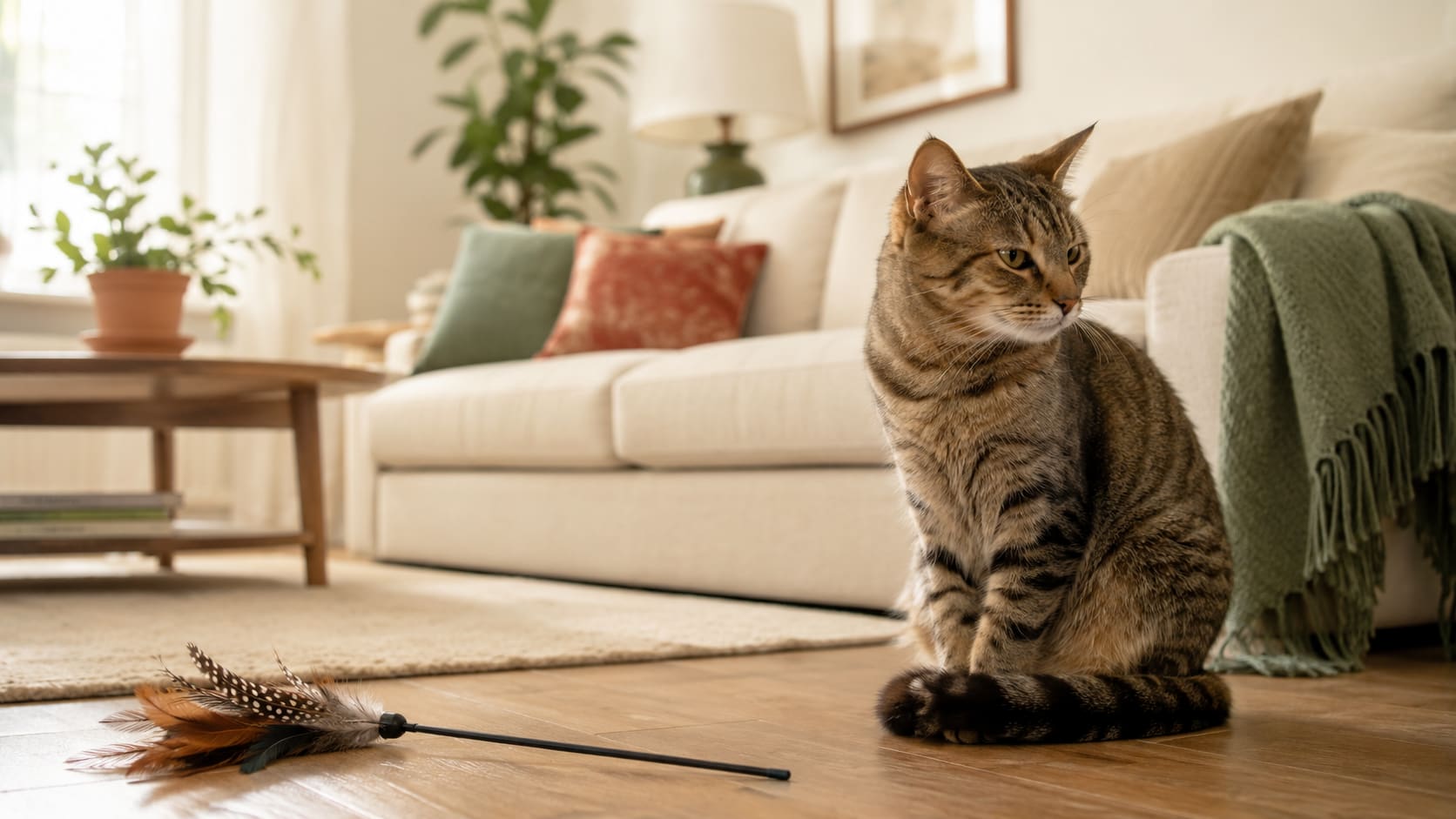 A tabby cat sitting next to an untouched feather toy on a wooden floor, looking away with disinterest.