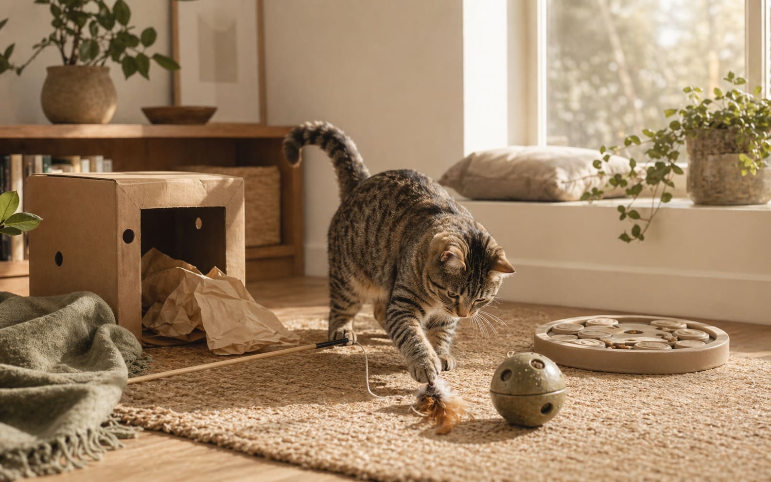 A gray cat peers out of a cardboard box beside a scratching post and window perch in a warm living room.