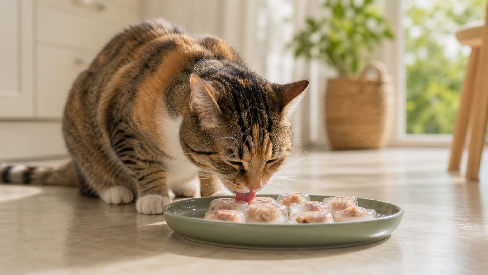 A cat licking a frozen treat from a tray on a cool kitchen floor on a hot summer day.
