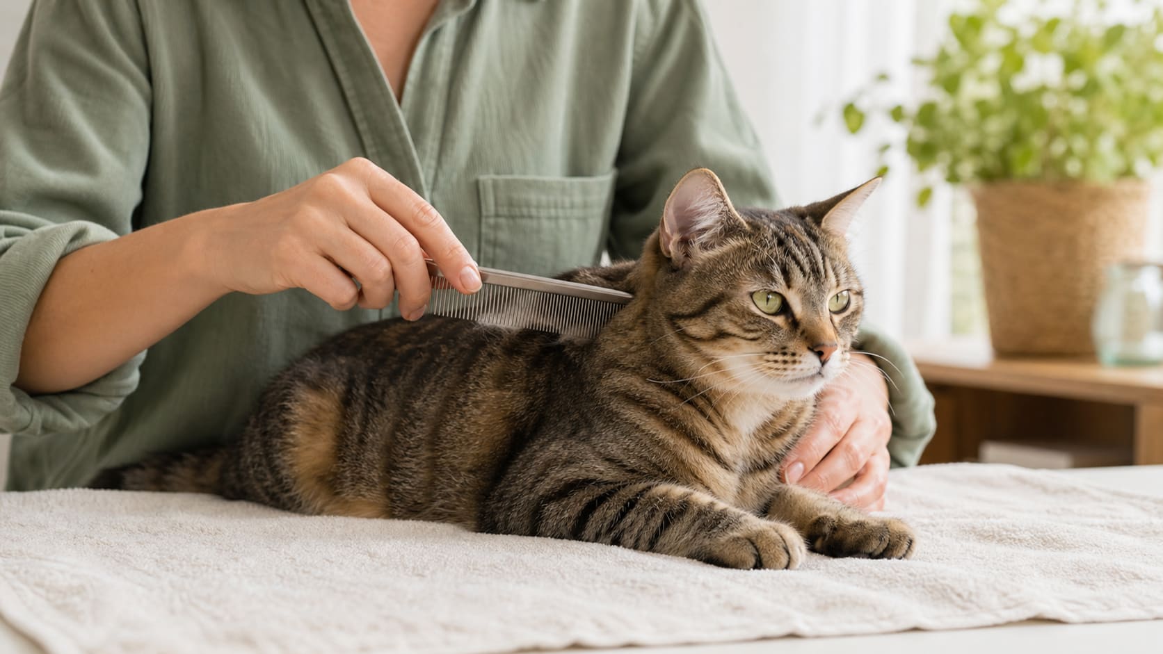 A person combing a calm cat with a fine flea comb over a light towel in good daylight.