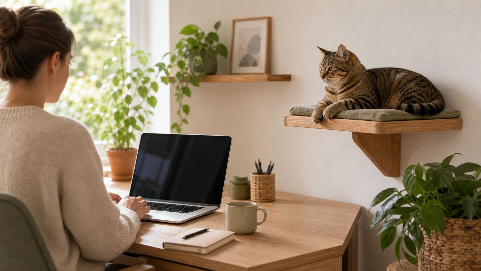 A cat resting on a wall shelf near a home office desk in warm daylight.