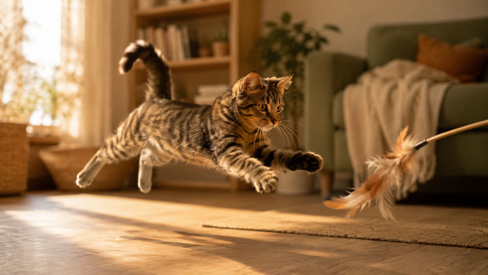 A young cat mid-leap chasing a feather wand toy across a living room in warm evening light.