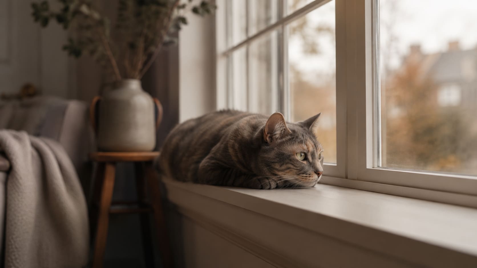 A subdued cat lying low and still on a windowsill in muted afternoon light, looking out quietly.