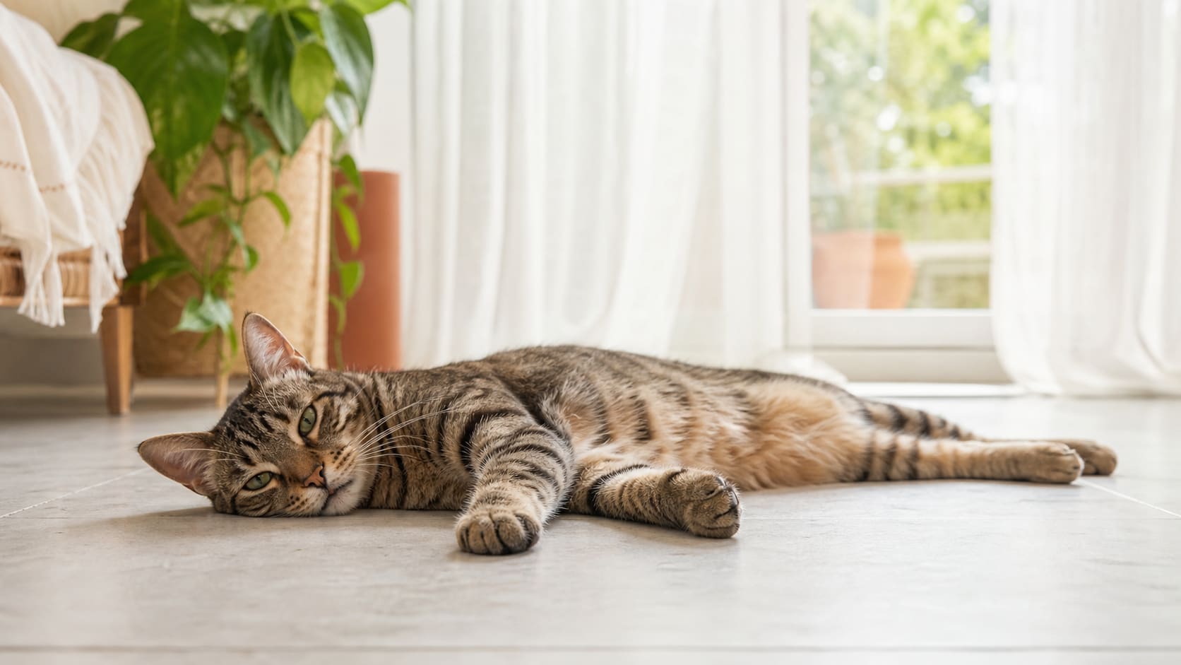 A relaxed tabby cat stretched out on a cool tiled floor in a bright, airy room during summer.