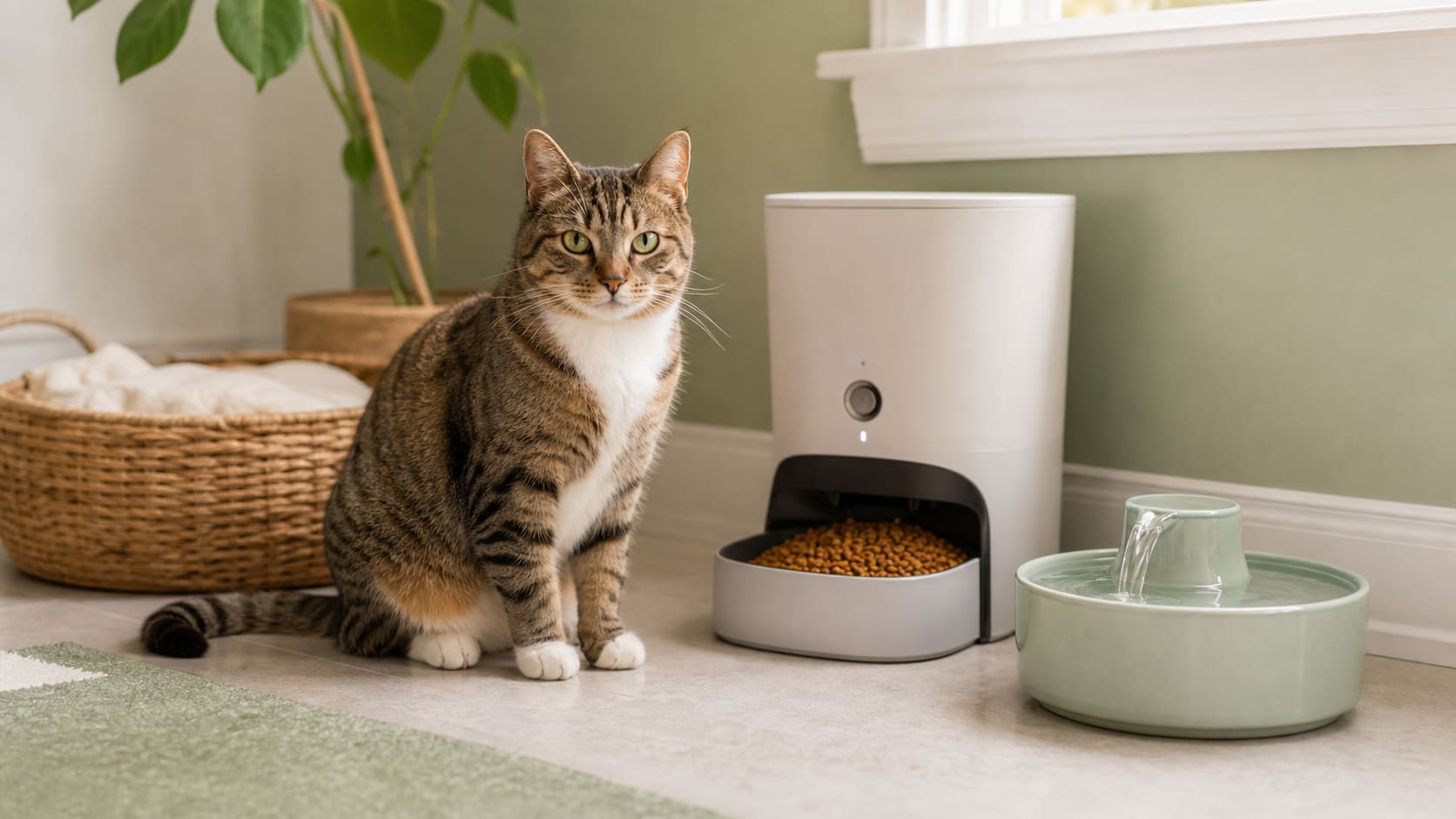 A calm cat at home beside an automatic feeder and water fountain in a cool, shaded room.