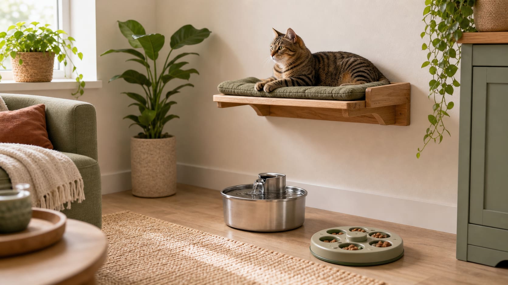 A calm cat using a wall shelf route near a water fountain in a tidy apartment.