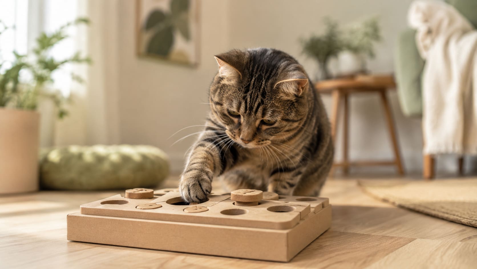 A focused tabby cat working its paw into a puzzle feeder on a wooden floor in soft daylight.