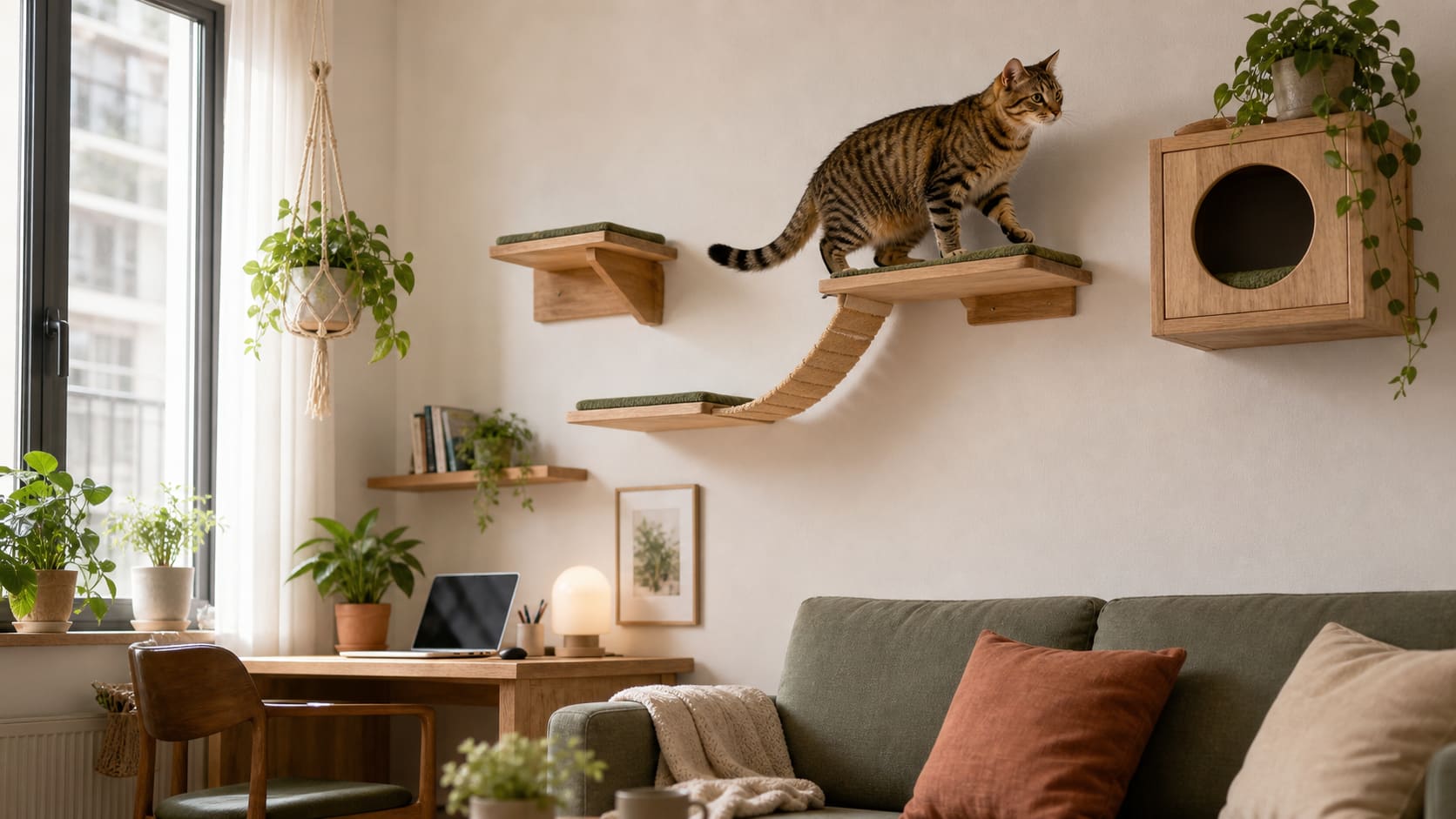 A cat climbing a compact wall shelf route in a small bright apartment.
