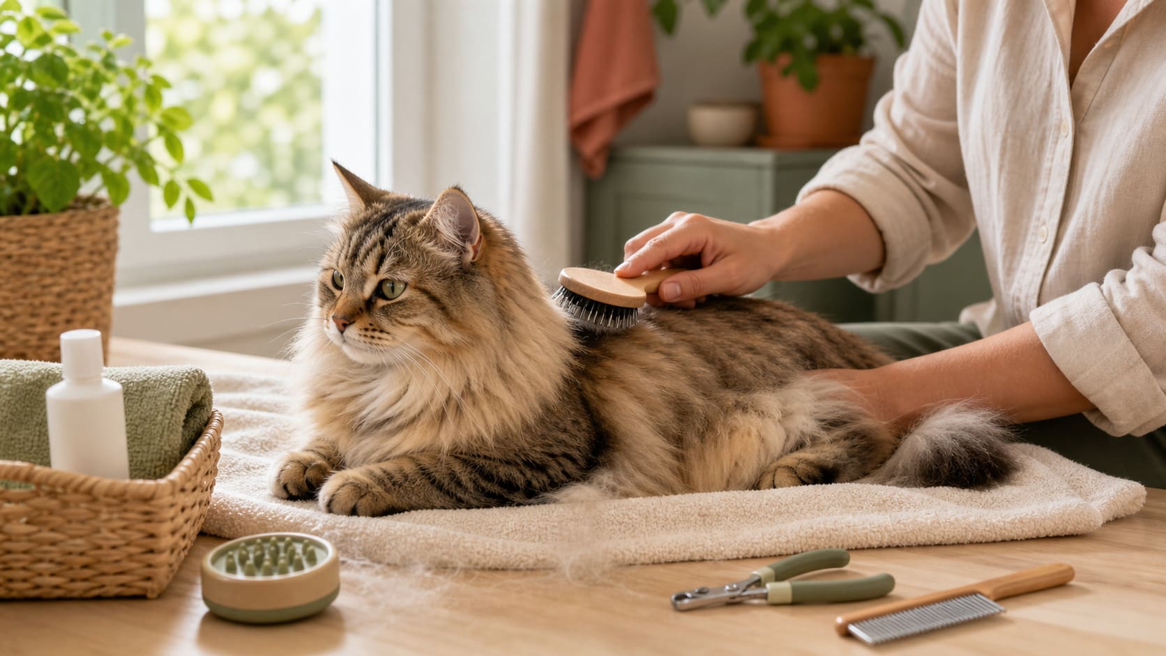 A relaxed long-haired cat being brushed beside grooming tools in bright summer light.