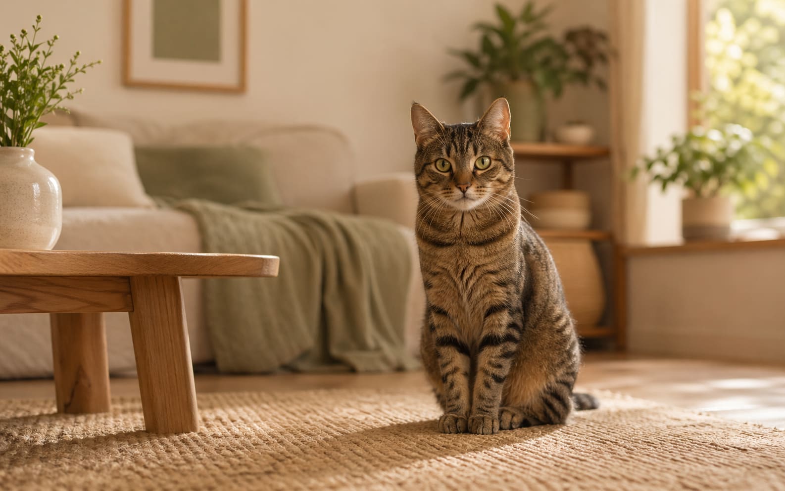 A brown tabby cat sits upright in a softly lit living room, looking directly toward the camera.
