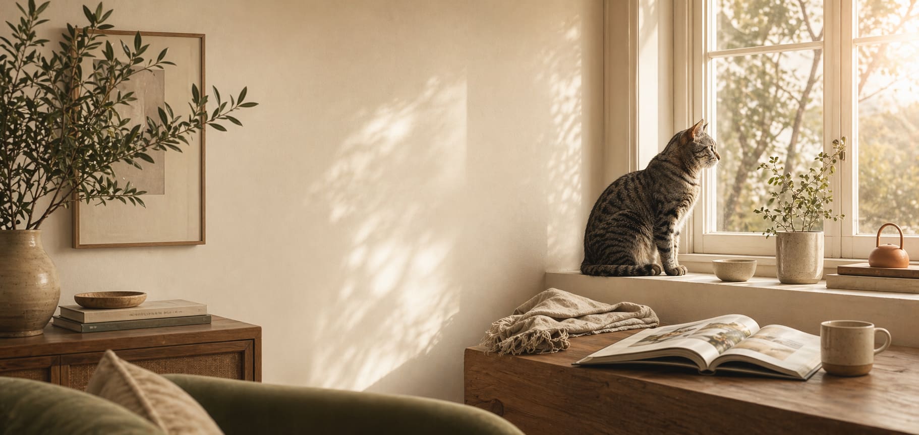 A wide sunlit home interior with a cat seated by a window in a calm editorial setting.